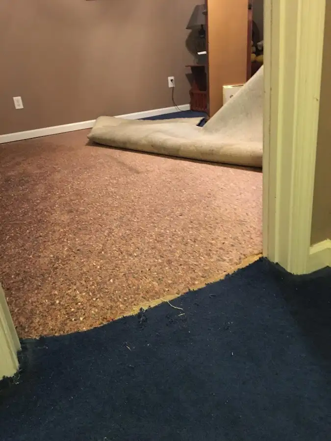 Carpet pad removal revealing water damage during Water Mitigation Services in Whitefish Bay